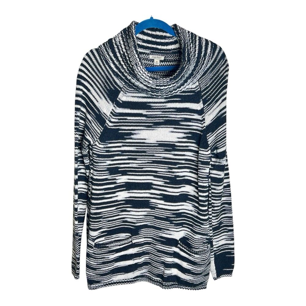 Lucky Brand Oversized Tunic Sweater Cowl Neck Front Pockets Size M Black White